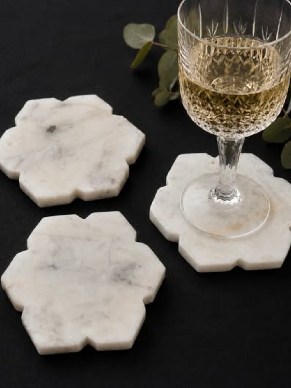 Solid White Marble Coasters Set of 3 – Scalloped Flower – Made in India